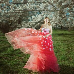 Photoshoot Cherry Blossom 3d Strapless Quince Prom Pink Magenta Floral Dress